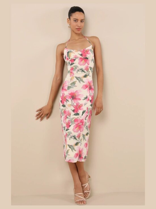 Lulus Dresses & Skirts - Lulus Harleigh Light Yellow Floral Halter Midi Dress Small Chiffon New With Tags
